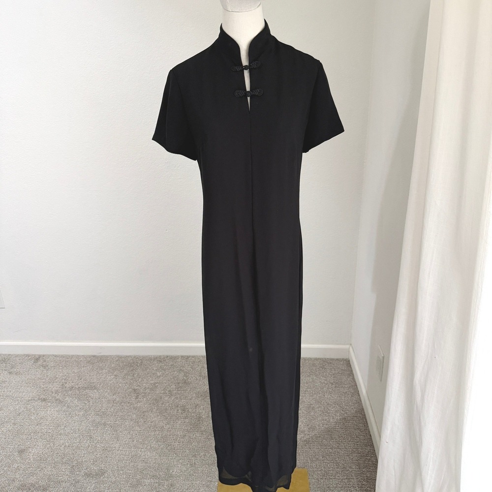 Vintage Hillard & Hanson Black Mandarin Collar Frog Knot Maxi Dress 8 Clean Girl